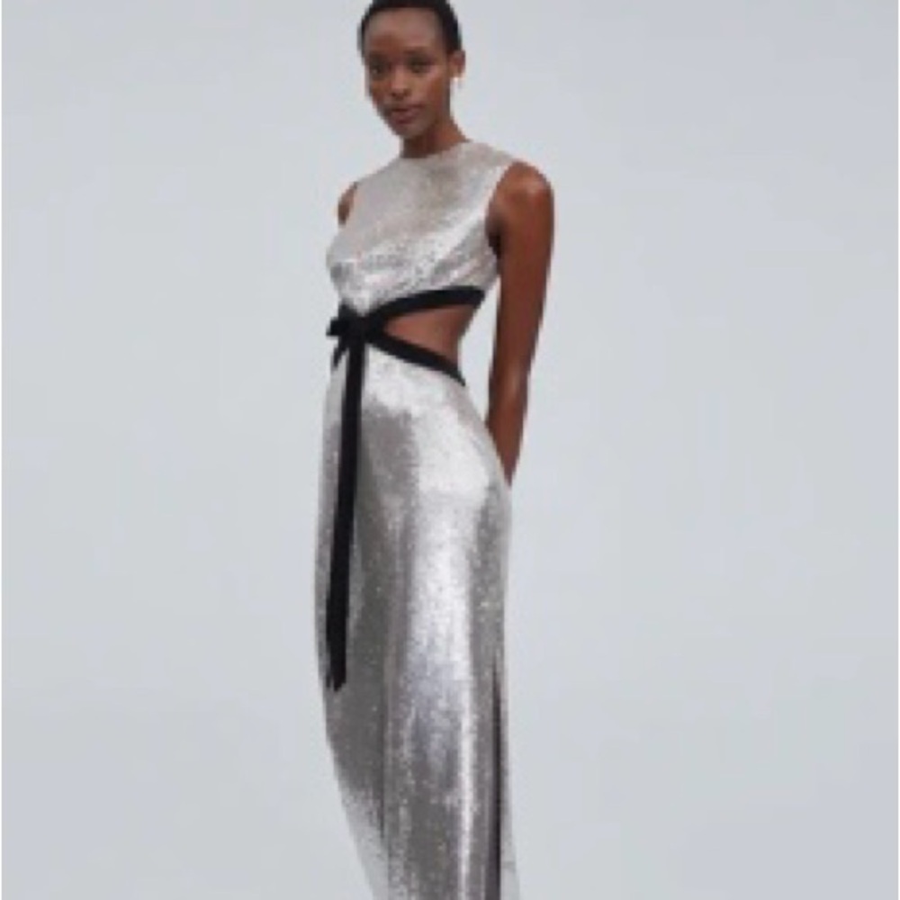 Stunning Silver Backless Dress with Black Bow